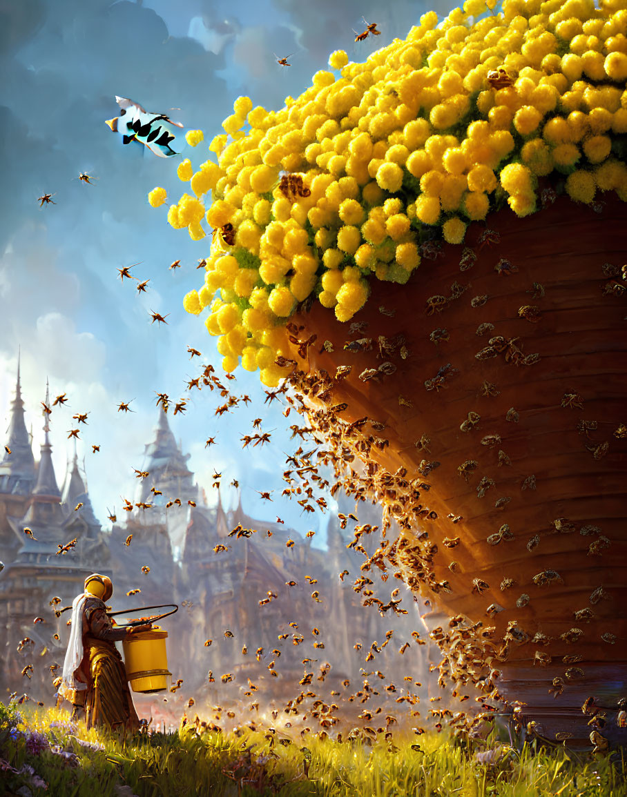 Fantasy scene: Beekeeper gathering honey from giant hive