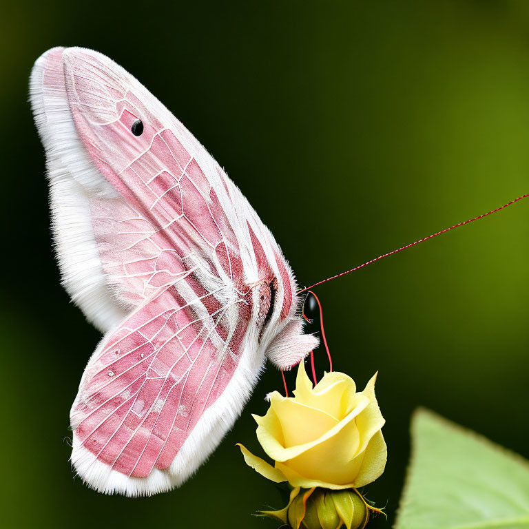 Pink moth with delicate wings on yellow bud against soft green background