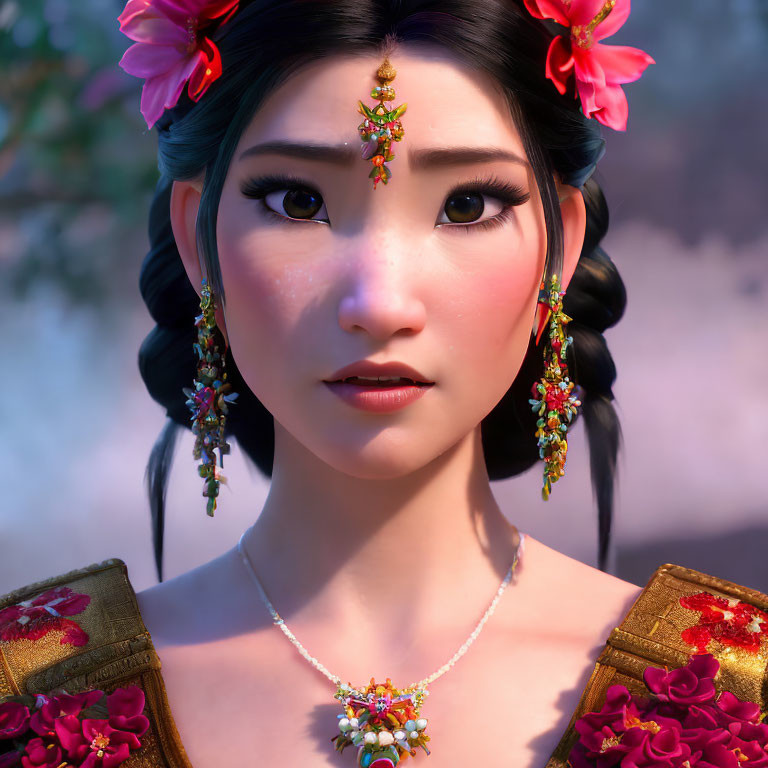 Vibrant 3D-animated woman with floral accessories in nature.