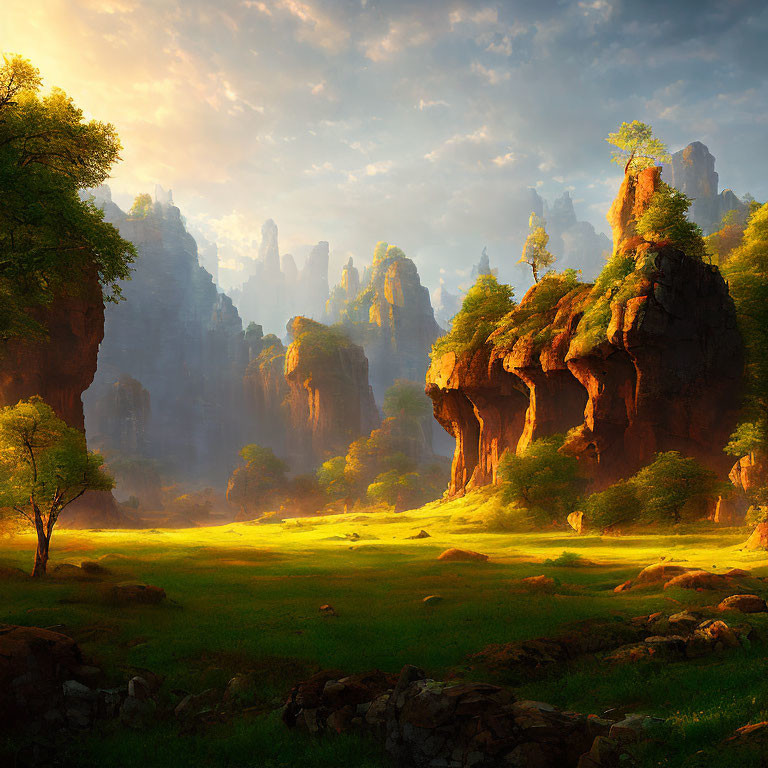 Verdant valley with rocky cliffs, trees, and clear sky