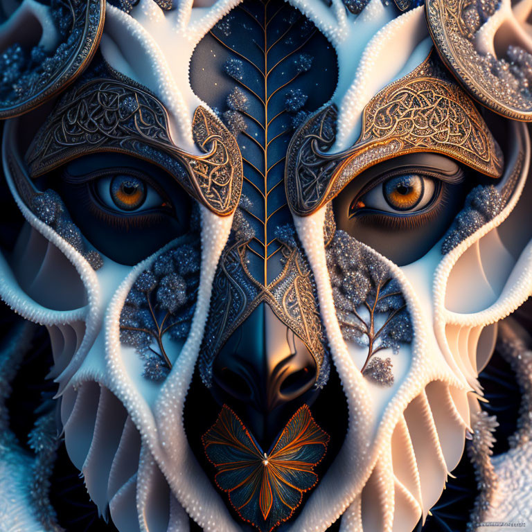Symmetrical mask-like digital artwork with ornate patterns and botanical motifs