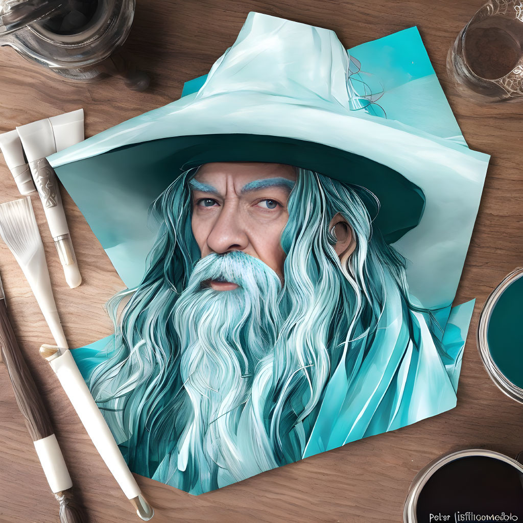 Wizard with long white beard in wide-brimmed hat surrounded by art supplies