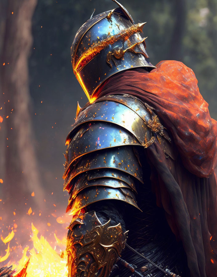 Knight in Shining Armor with Red Cloak Amidst Embers and Flames