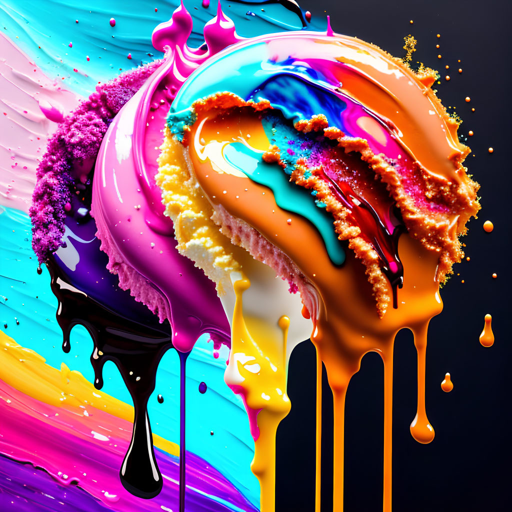 Colorful Melting Ice Cream with Liquid Splashes and Sugar Crystals on Abstract Background
