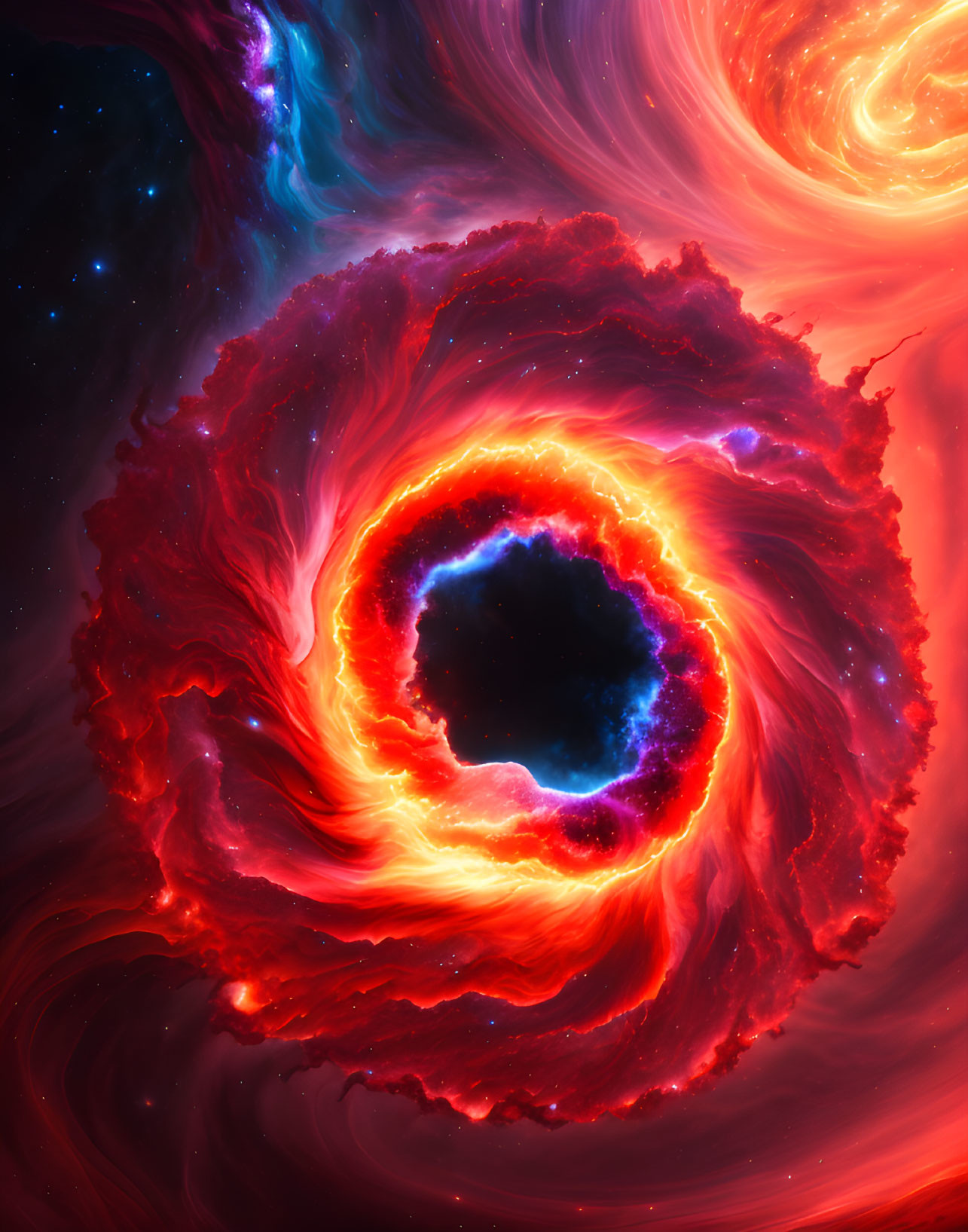 Colorful cosmic scene with swirling red and blue nebula around a glowing eye-like center