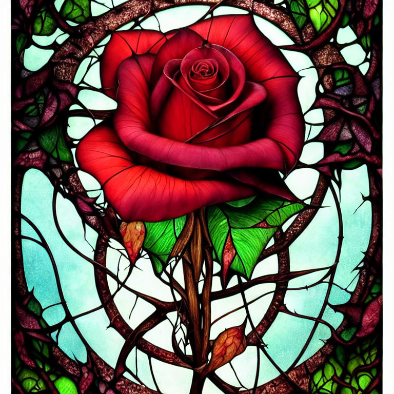 Detailed Red Rose in Stained Glass Window Design
