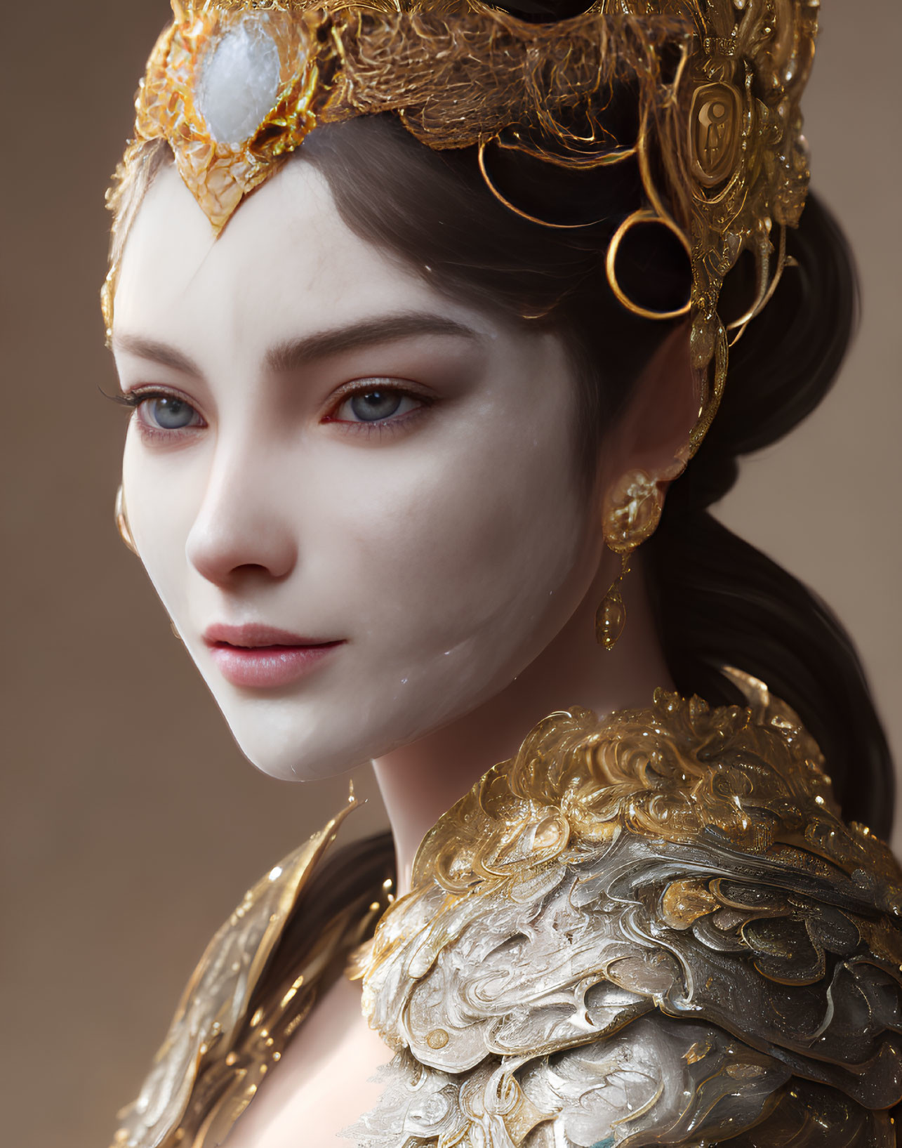 Close-up of fair-skinned woman with brown hair in golden crown and shoulder armor