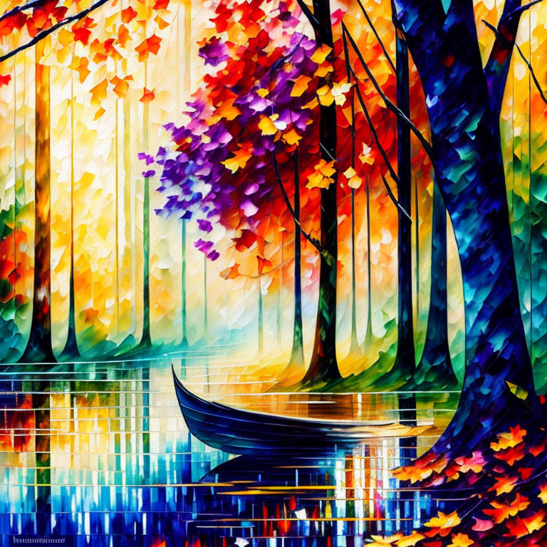 Colorful Autumn Forest Scene with Solitary Boat on Reflective Water