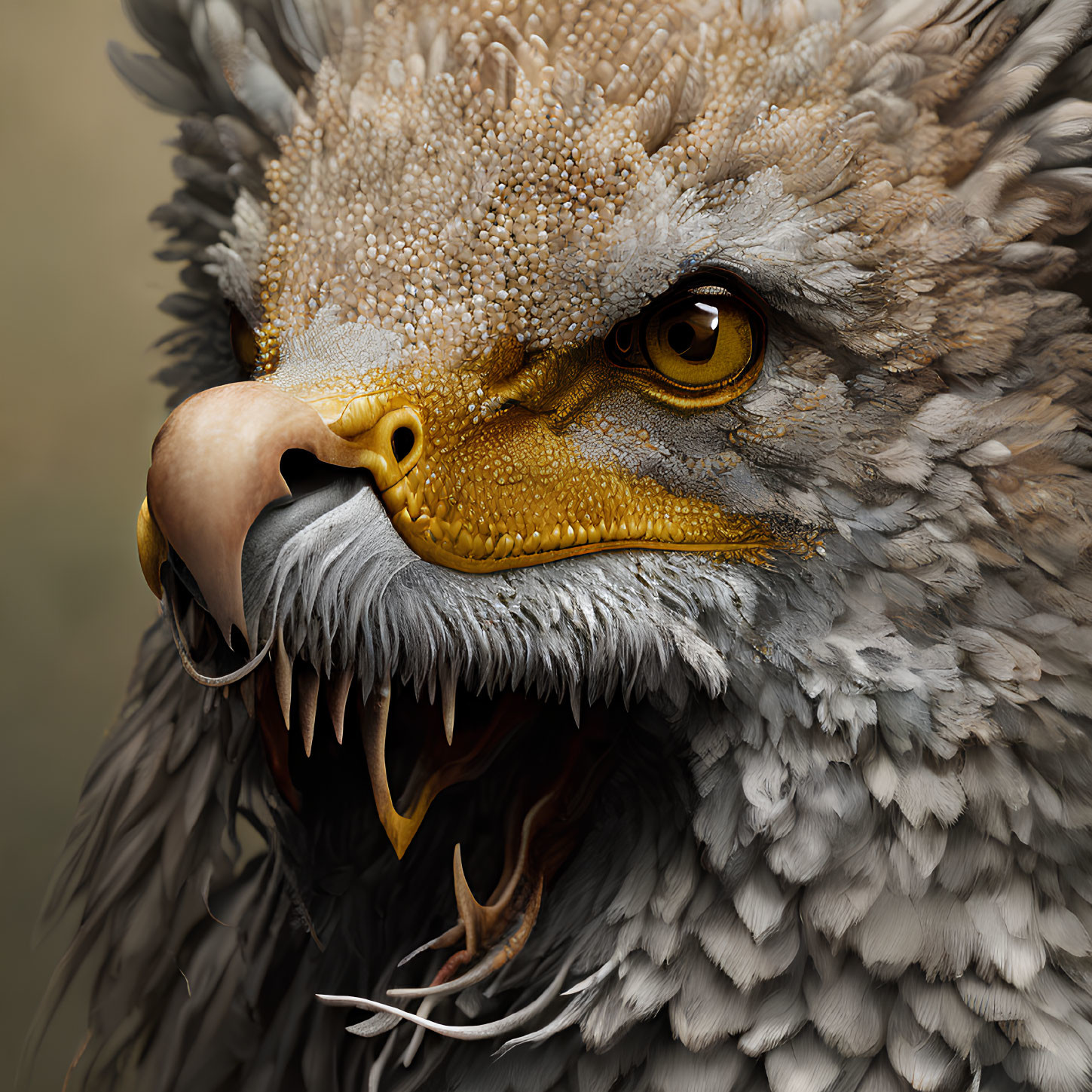 Fantastical creature with eagle beak and yellow eyes