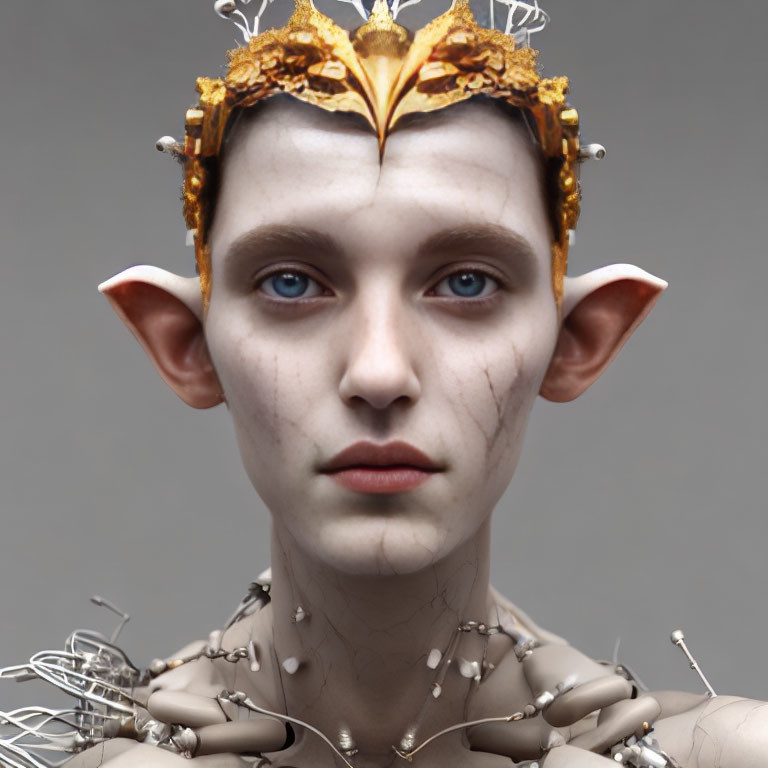 Fantasy creature portrait with pointed ears, fair skin, blue eyes, golden crown, wired jewelry