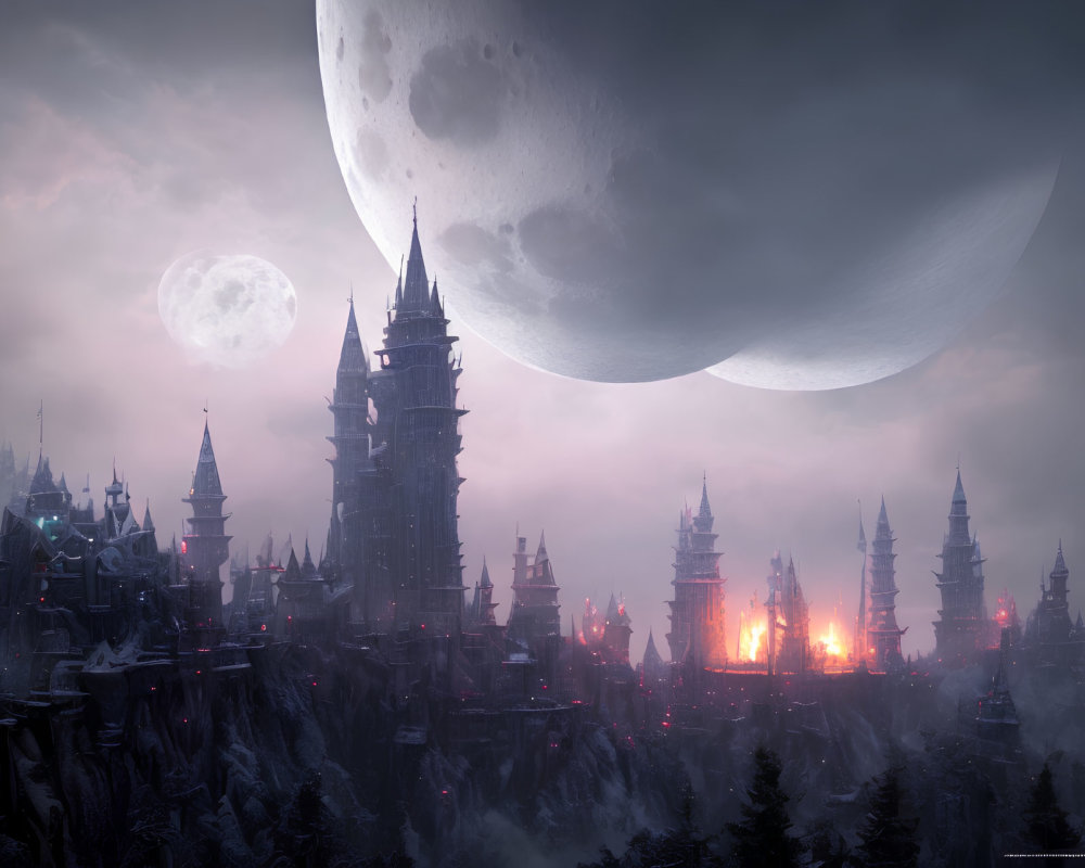 Fantasy night landscape with large moon and dark castle.