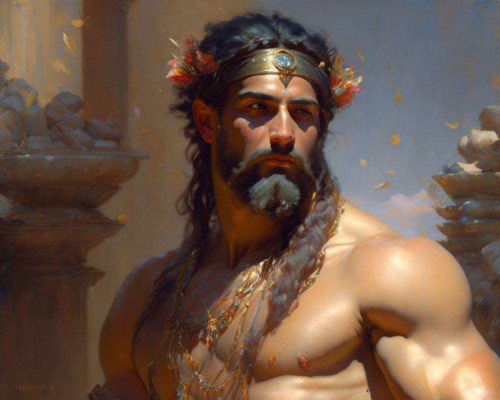 Muscular man with headband and flower crown in classical painting style