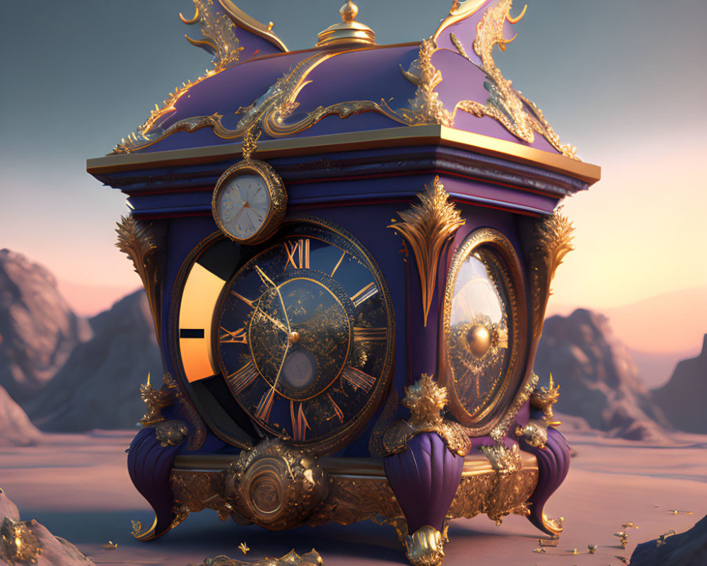 Golden Fantasy Clock in Desert Sunrise with Roman Numerals