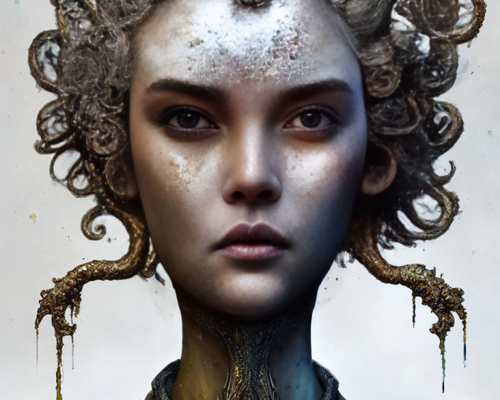 Fantastical digital portrait with ornate, metallic textures
