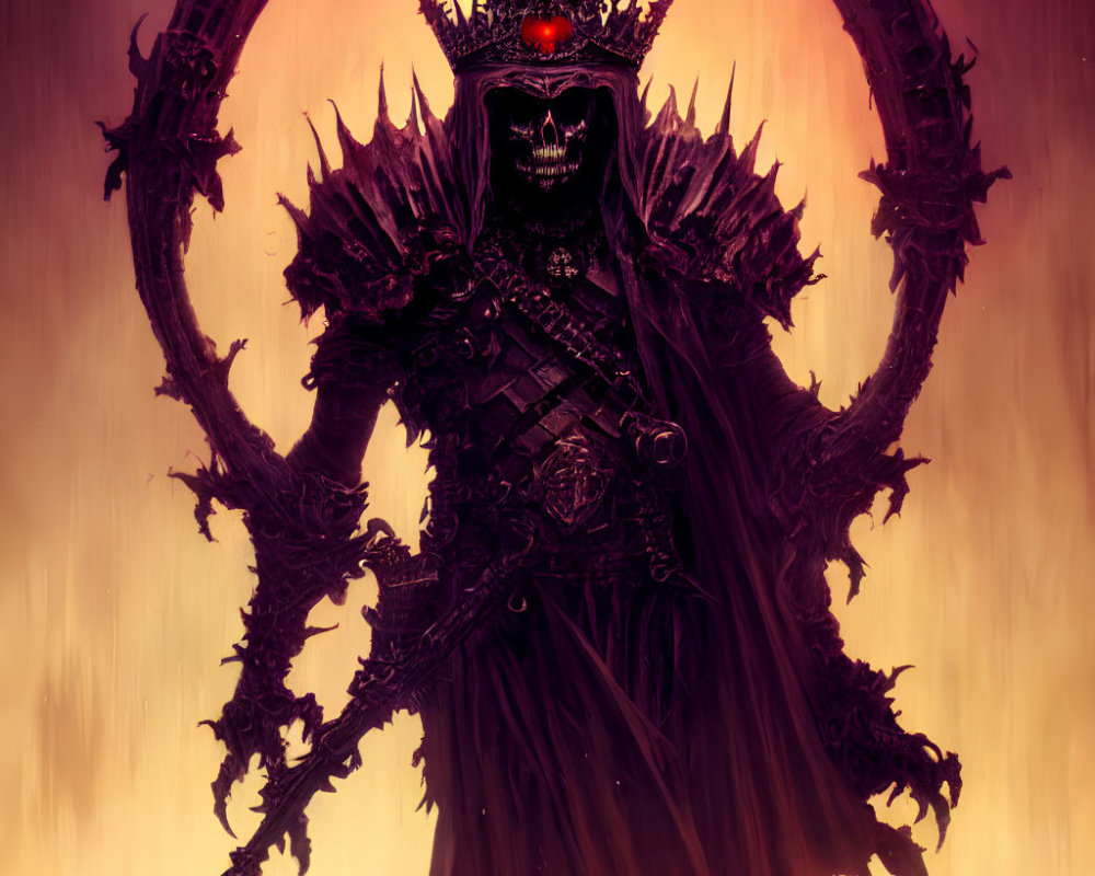 Dark armored figure with crowned skull and scepter against intricate backdrop.
