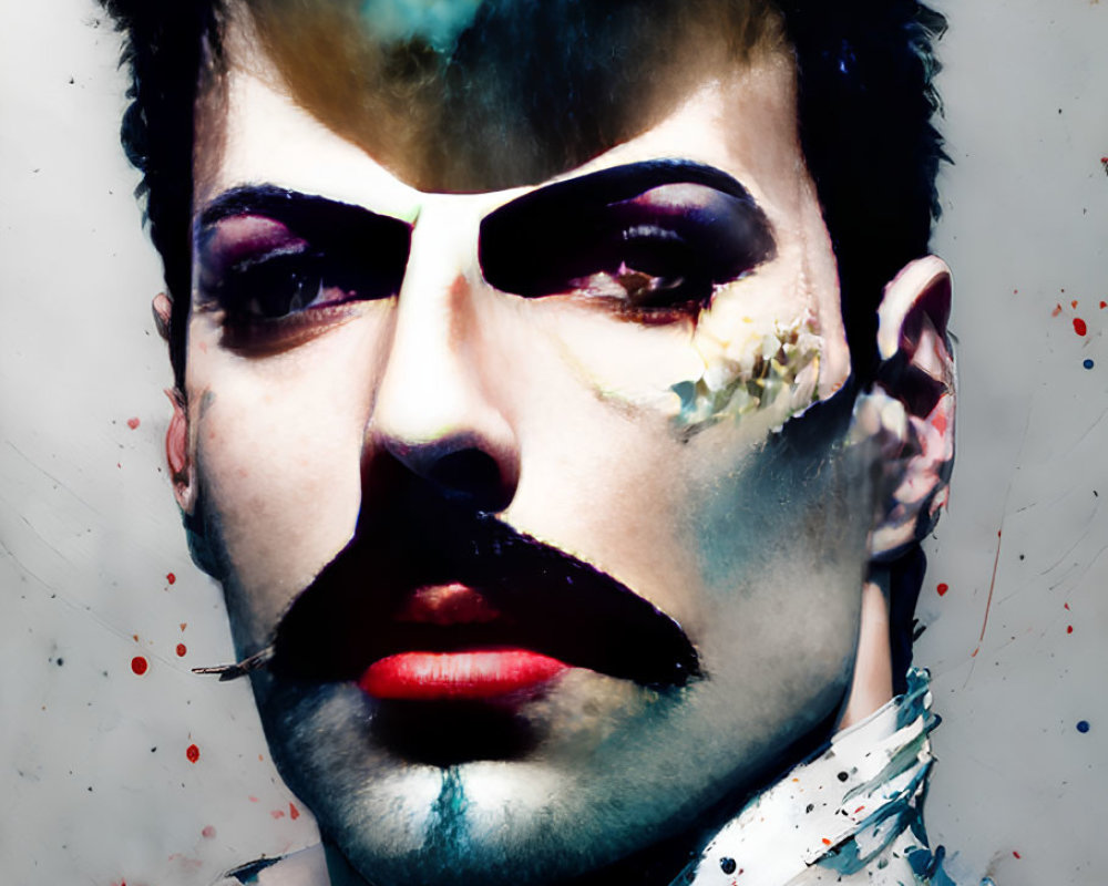 Abstract portrait with bold make-up and splattered colors on white background