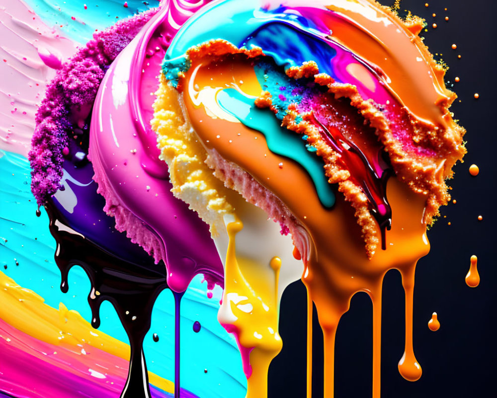 Colorful Melting Ice Cream with Liquid Splashes and Sugar Crystals on Abstract Background