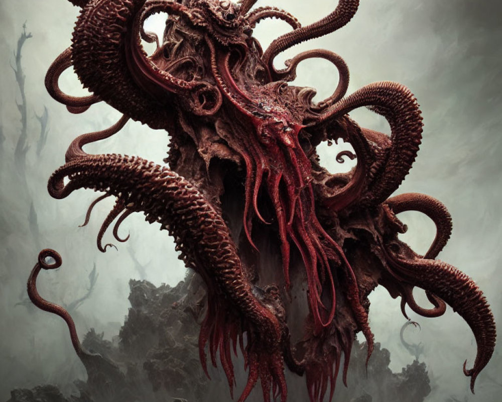 Grotesque creature with twisting tentacles in misty landscape