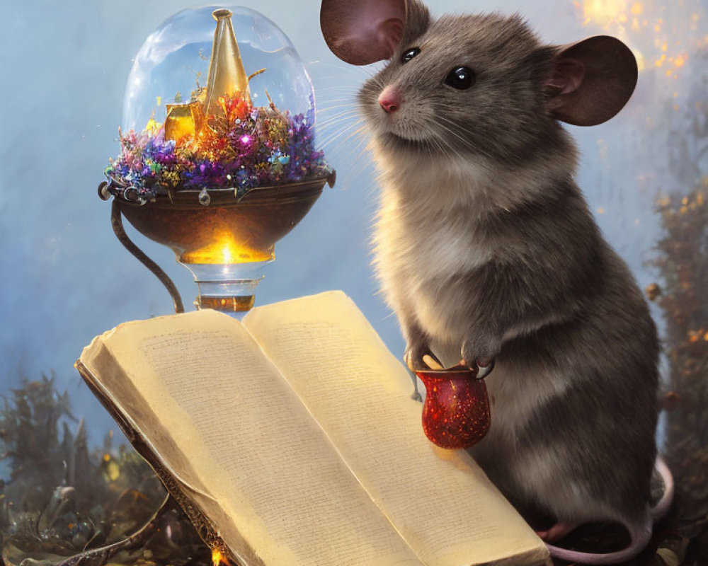 Whimsical mouse illustration with large ears reading a book beside glowing candle lamp