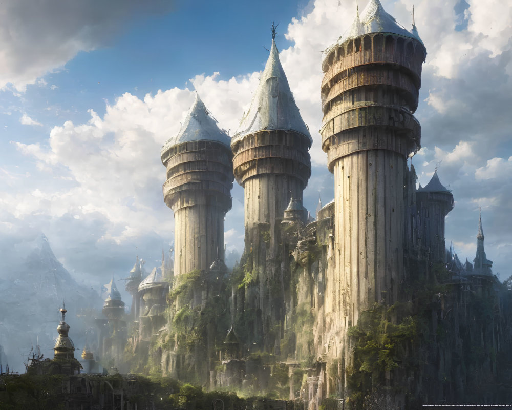Fantasy Castle on Cliff with Towering Spires and Luminous Sky