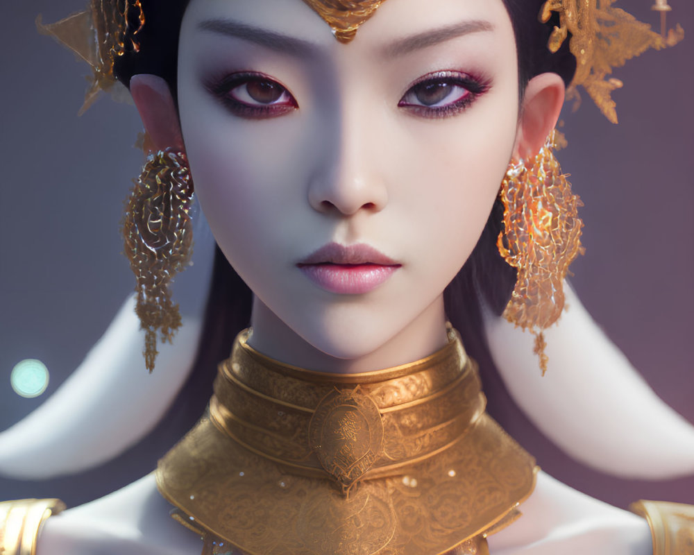 Digital artwork featuring woman with detailed golden jewelry and striking makeup