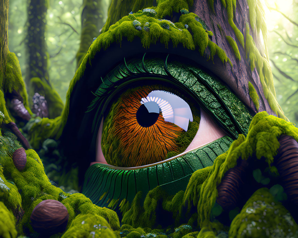 Hyperrealistic eye with lush forest elements integrated.
