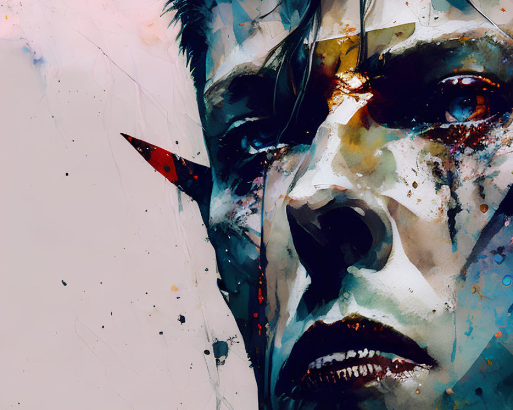 Colorful portrait of a man with intense gaze and dynamic paint splashes