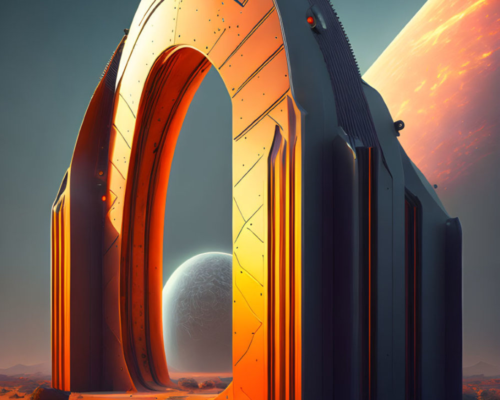 Futuristic archway in desert landscape with celestial body and moon
