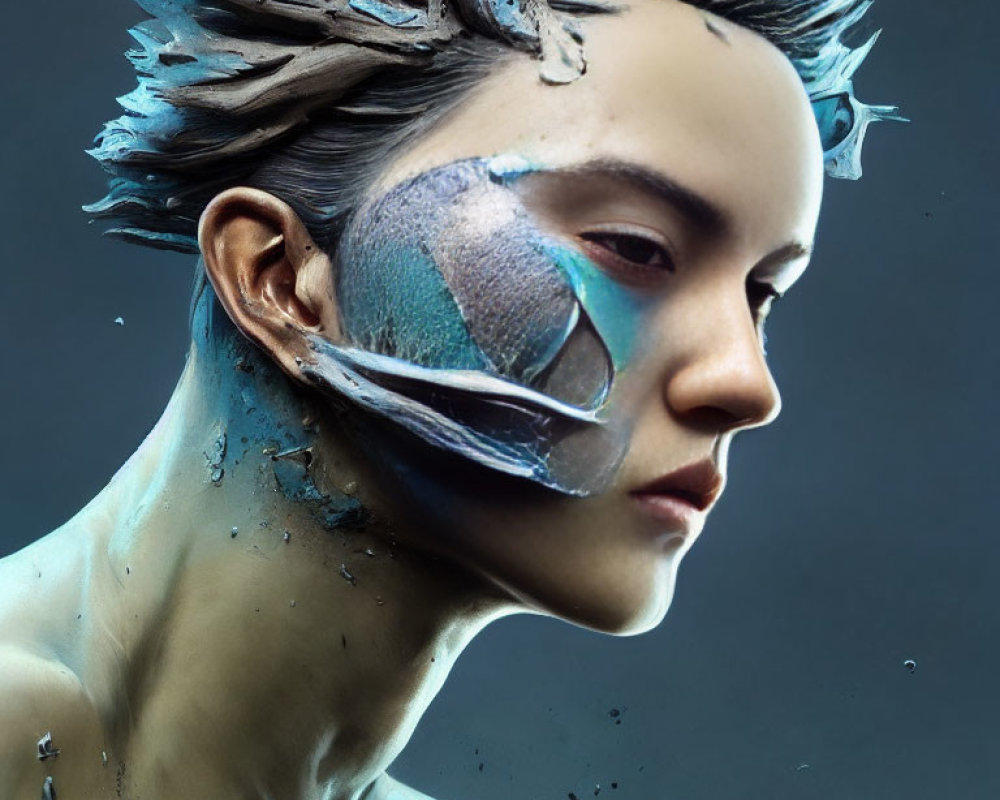 Surreal portrait of person with futuristic visor, textured skin, and dynamic hairstyle