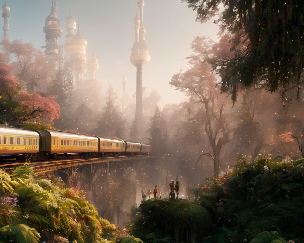 Train crossing bridge in mystical forest with blossoming trees and misty spires