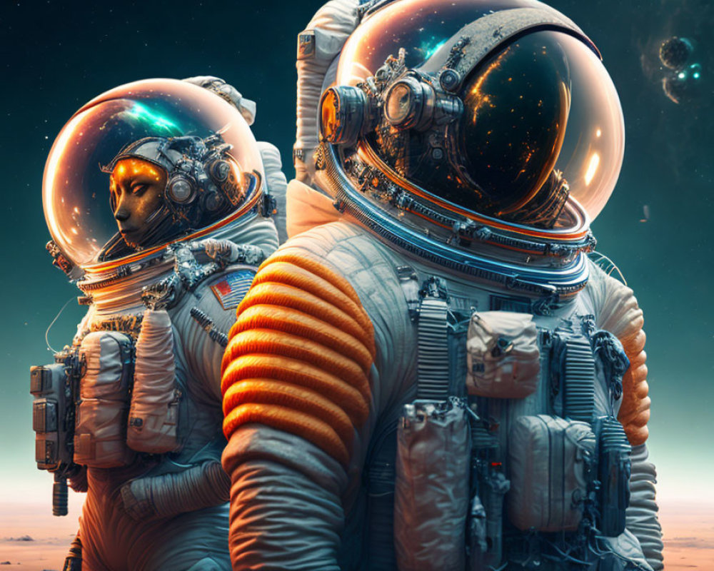 Detailed spacesuits with reflecting helmets in space scenery