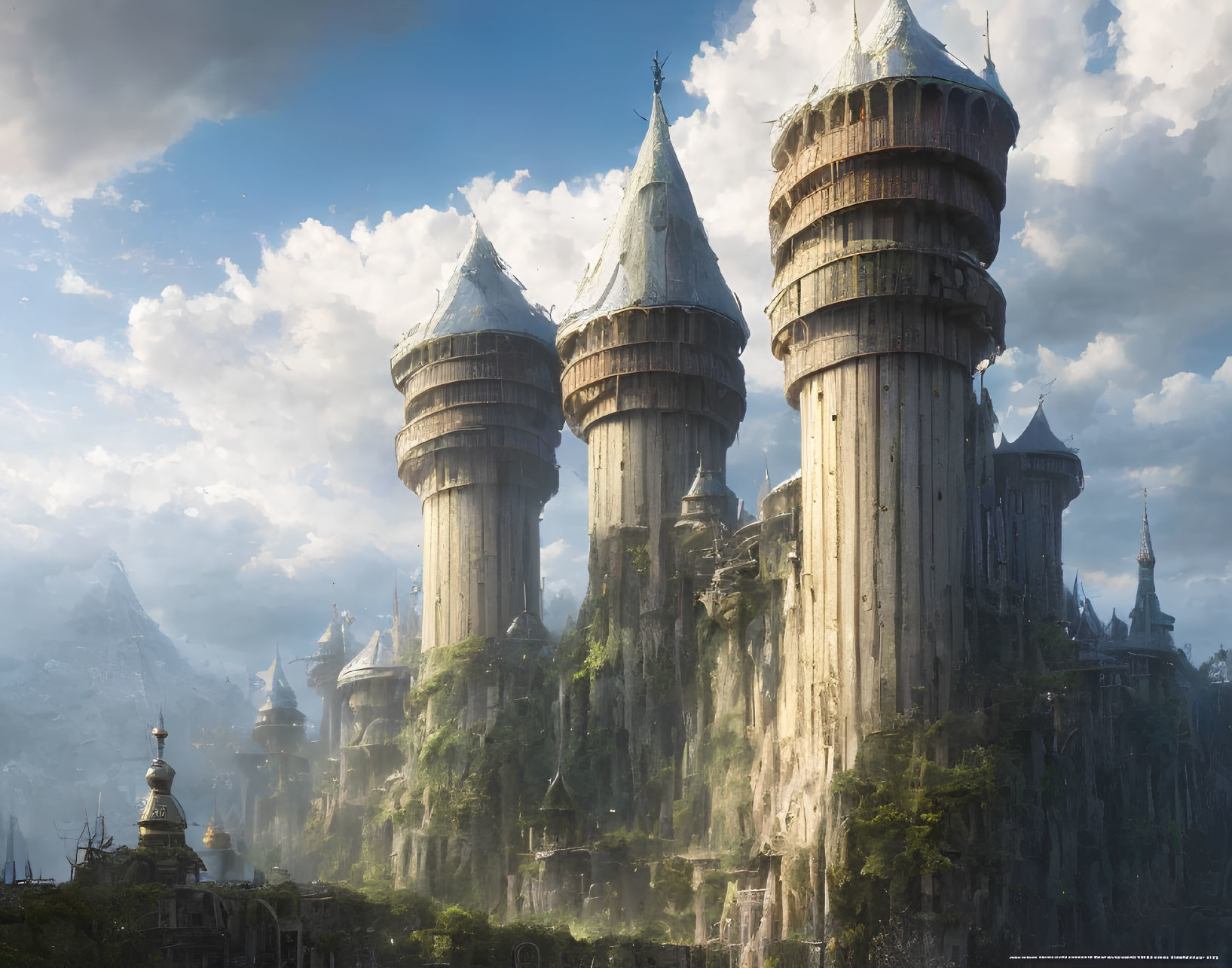 Fantasy Castle on Cliff with Towering Spires and Luminous Sky
