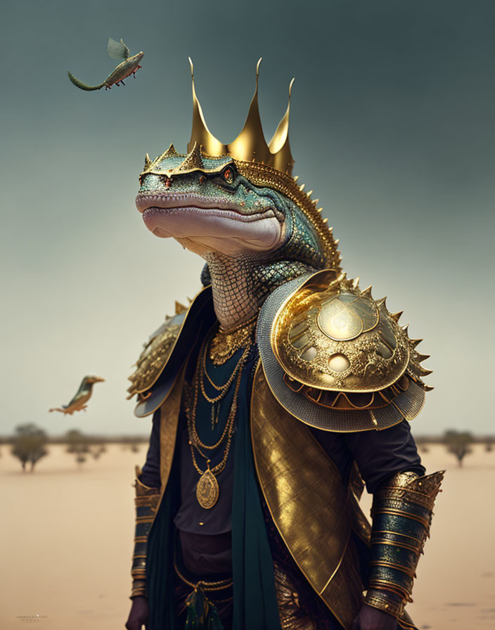 Majestic humanoid lizard in gold crown and armor with flying dragons in desert landscape