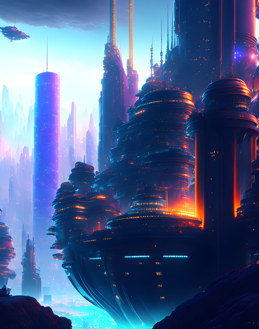 Futuristic sci-fi cityscape with glowing skyscrapers at dusk