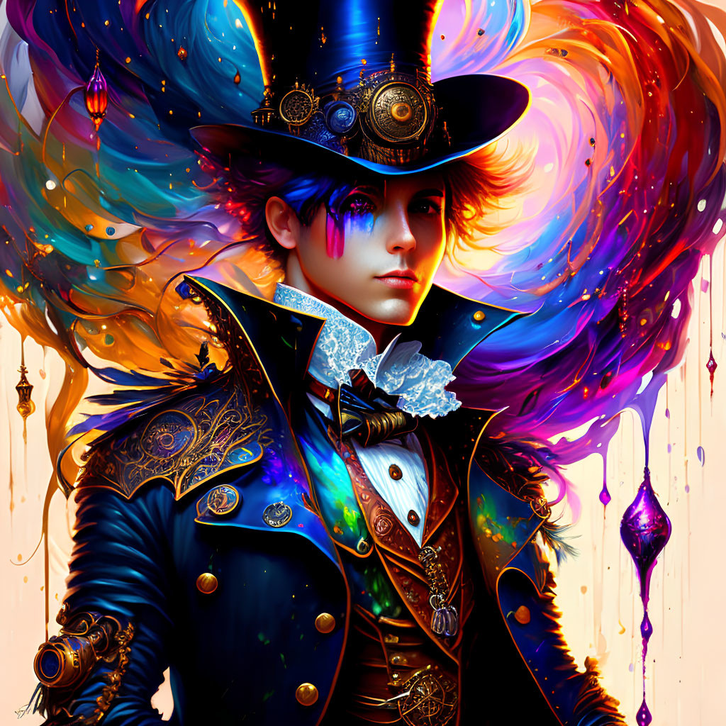 Colorful person with swirling hair in steampunk attire: top hat with gears and detailed coat