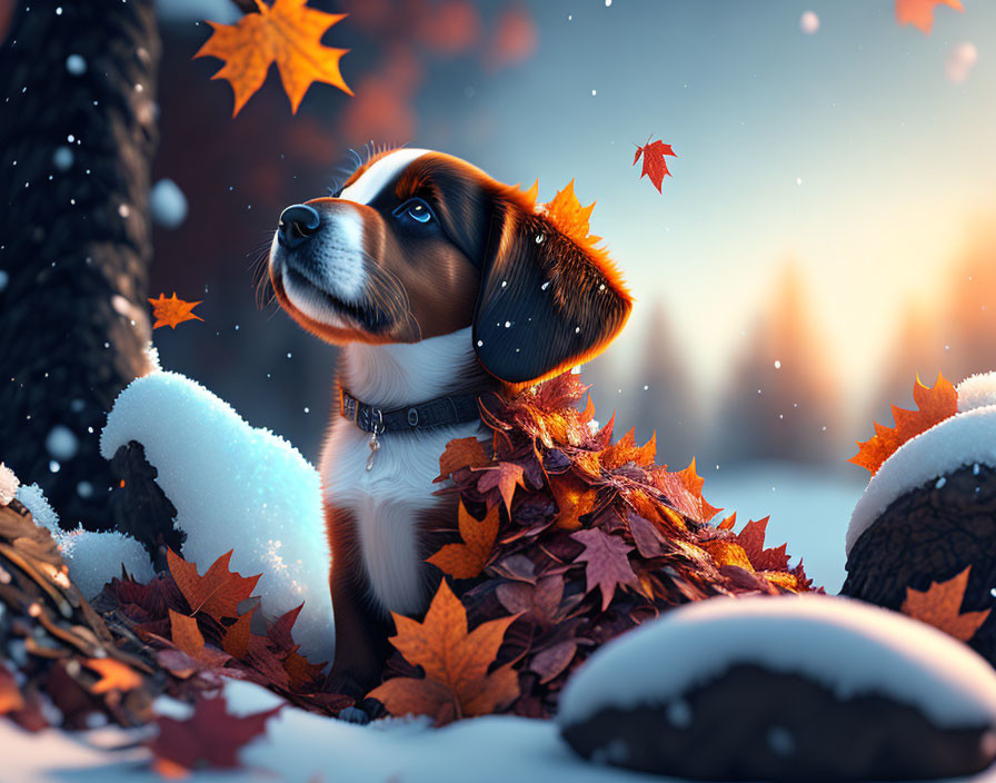 Beagle puppy in autumn-winter scene with falling snowflakes and leaves
