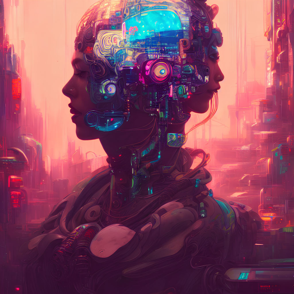 Detailed Cybernetic Being in Neon-lit Cityscape