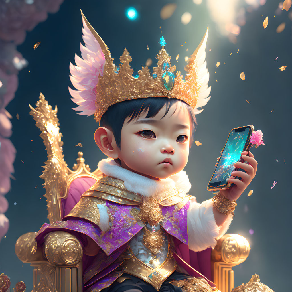 Child on throne with crown and smartphone surrounded by petals
