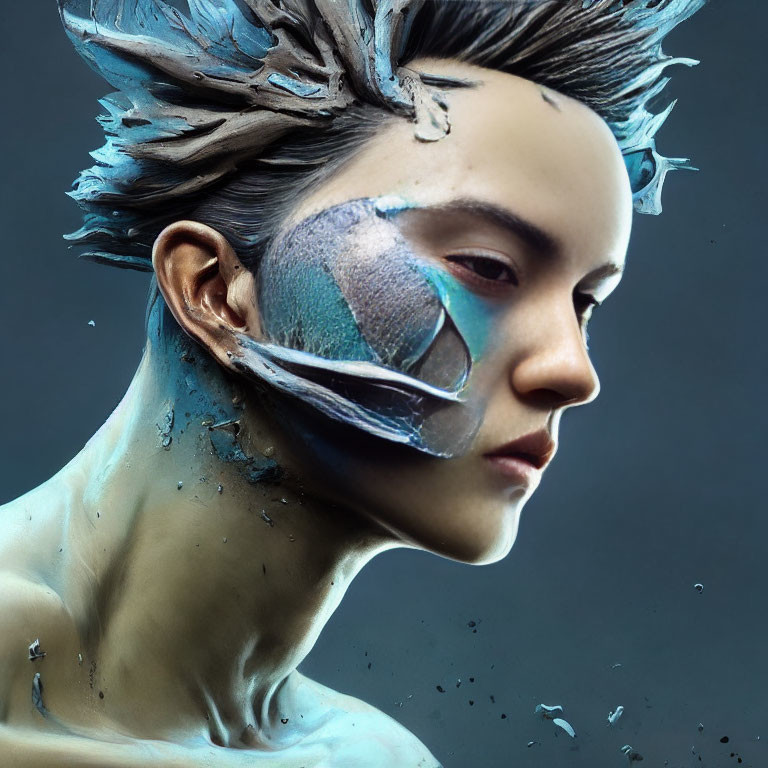 Surreal portrait of person with futuristic visor, textured skin, and dynamic hairstyle