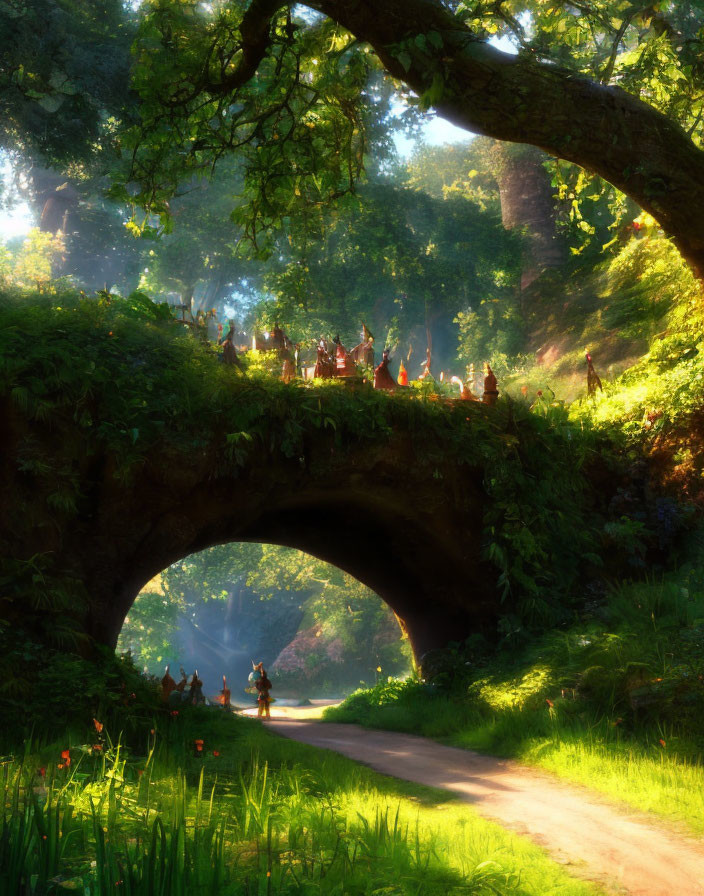 Tranquil forest scene with stone bridge and lush greenery