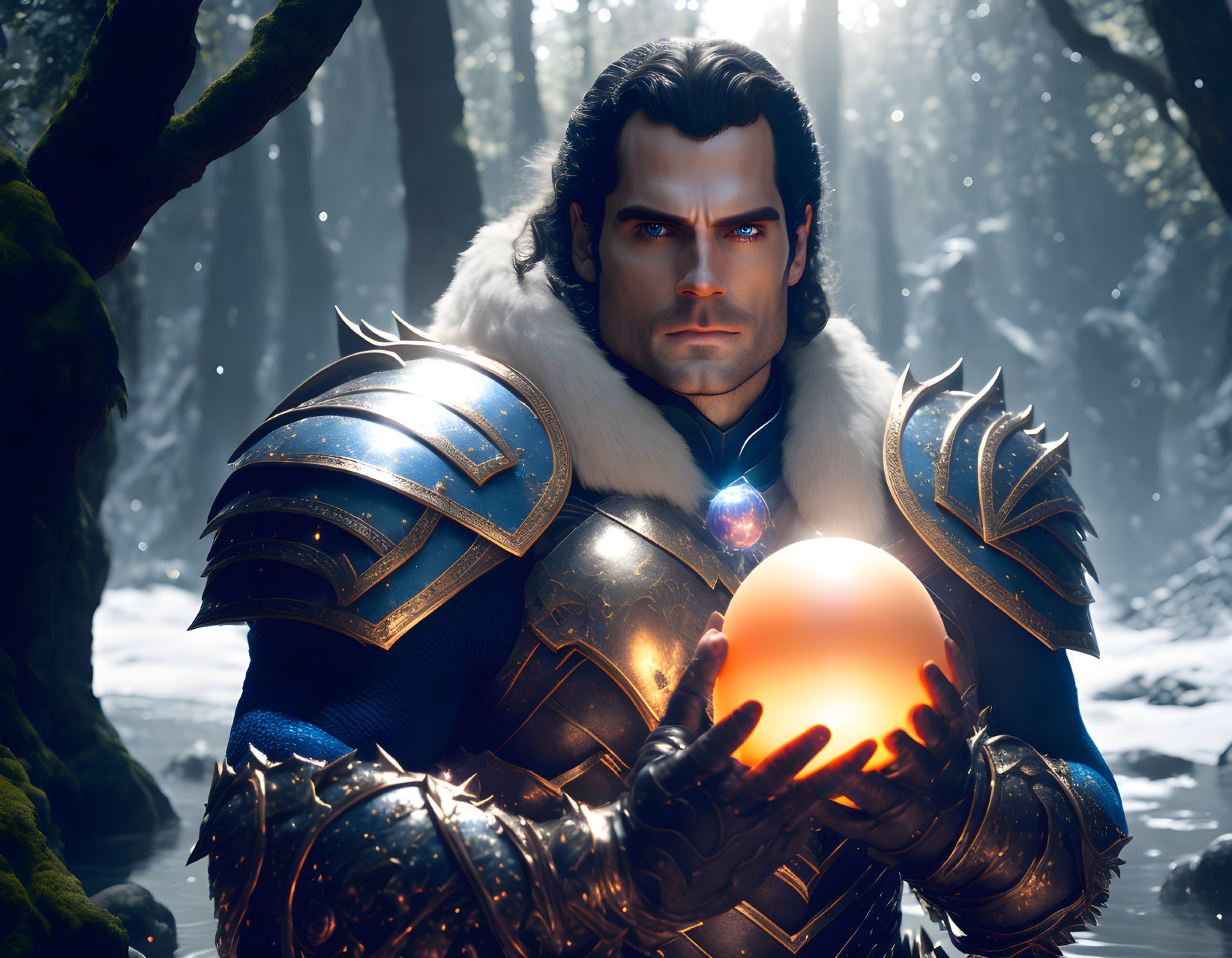 Knight in Blue Armor Holds Glowing Orb in Mystical Forest