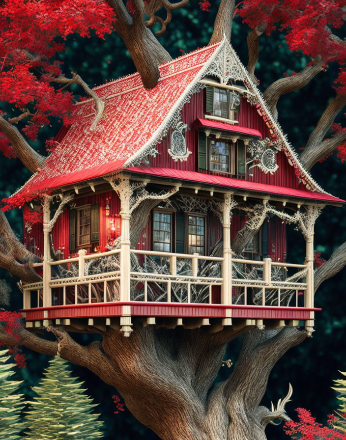Victorian-style red house in tree branches with lush red foliage