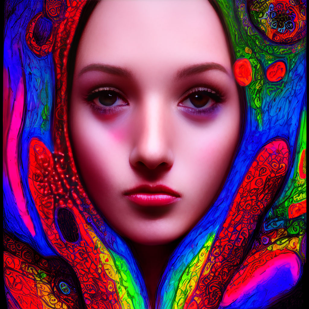 Colorful Psychedelic Patterns Surround Intense Woman Portrait