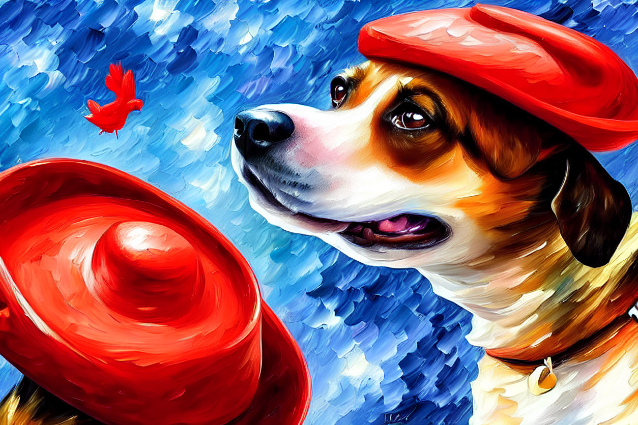 Colorful Dog in Red Beret and Scarf with Red Leaf on Blue Background