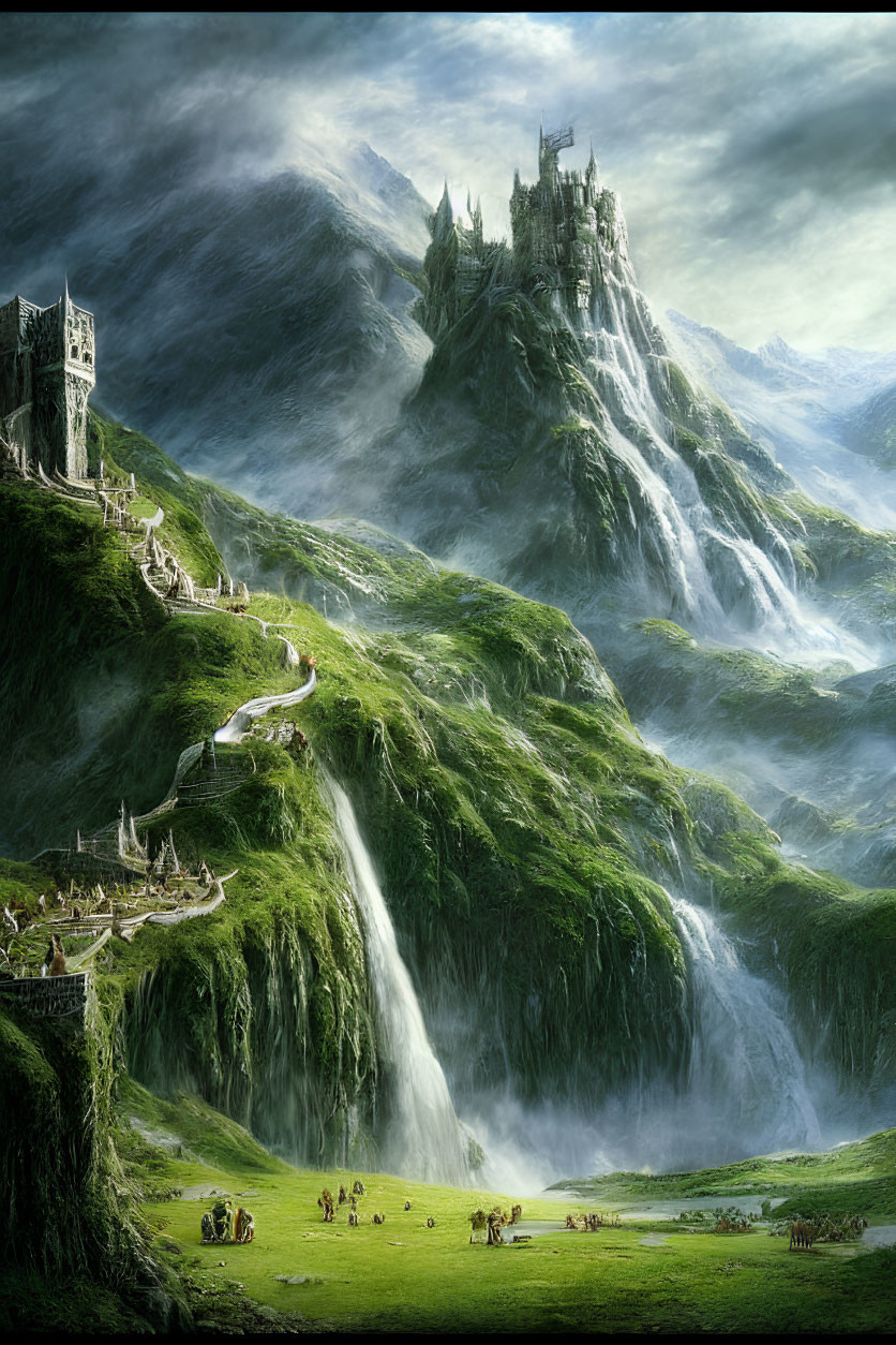Majestic castle on lush mountain with waterfall and winding path