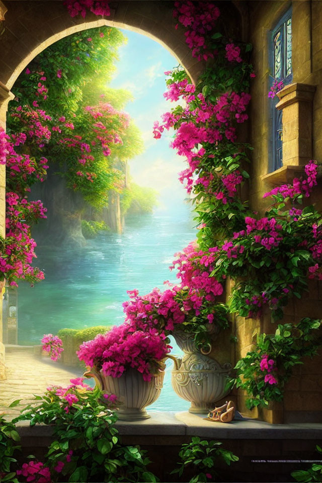 Scenic view of blossoming balcony by serene river