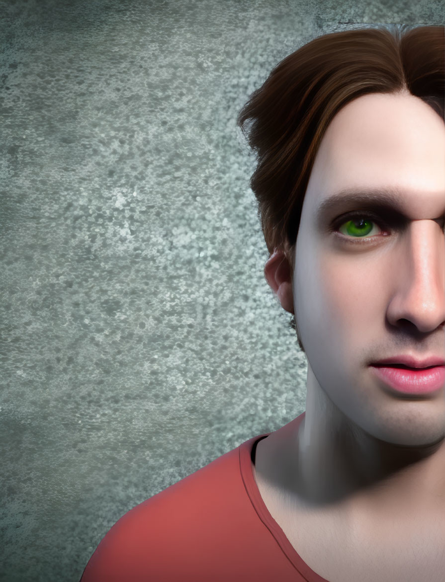 Person with Green Eye in 3D Render, Short Brown Hair, Red Top, Grey Background