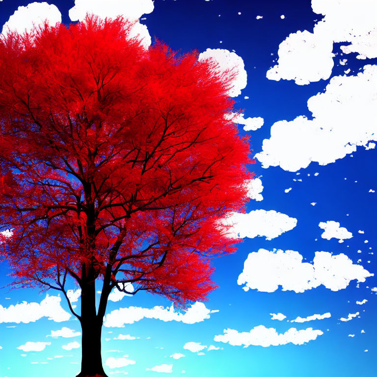 Vibrant red tree against deep blue sky with fluffy white clouds