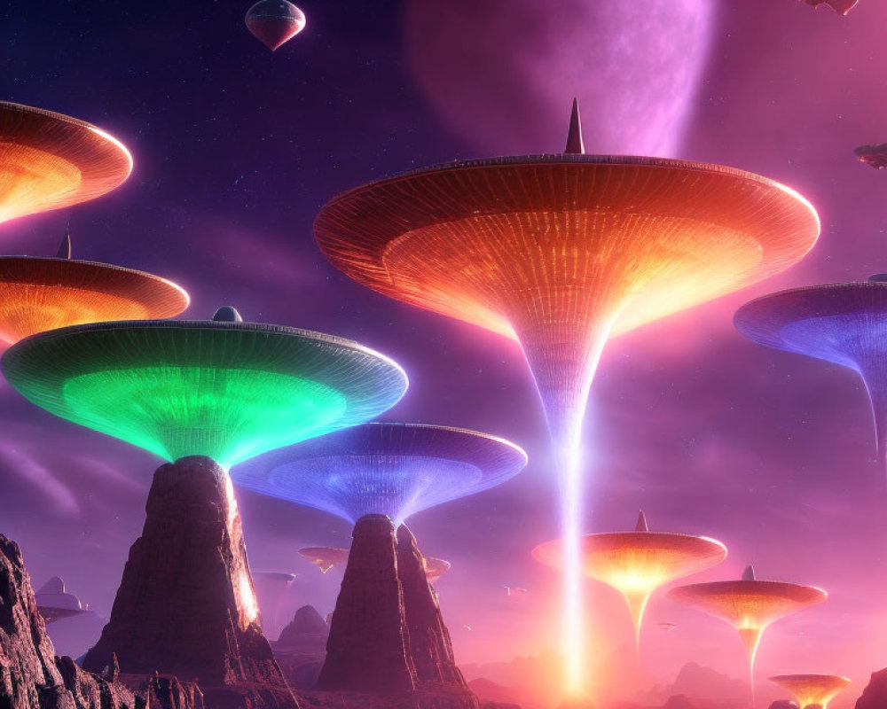 Alien landscape with mushroom-shaped structures and flying saucers at twilight