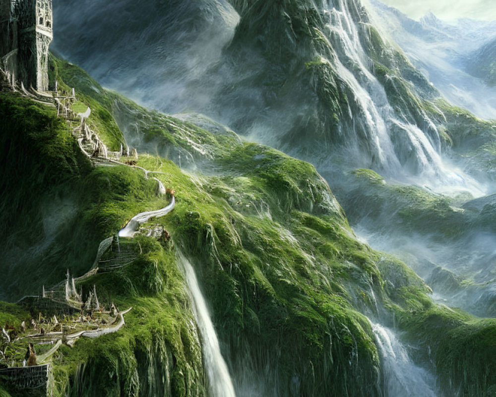 Majestic castle on lush mountain with waterfall and winding path